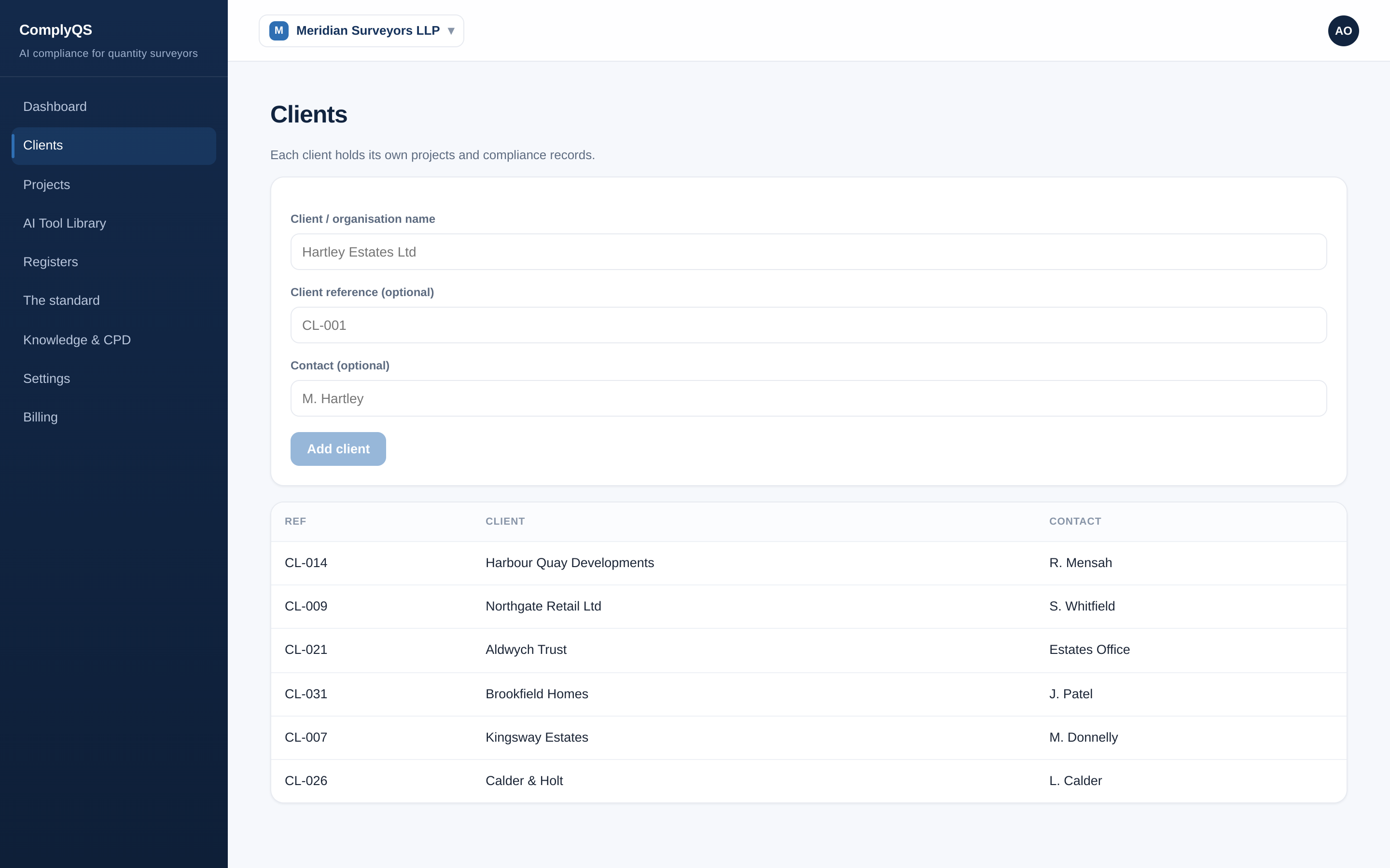 Clients page with the add form and list