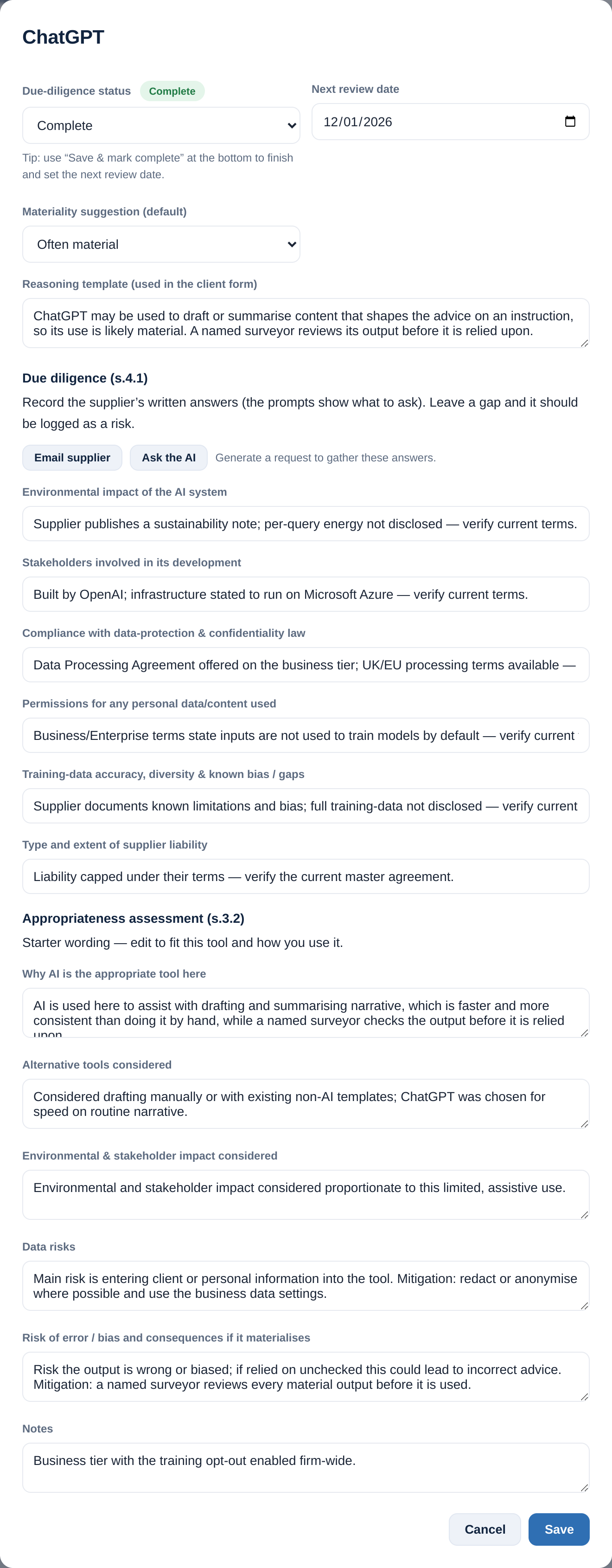 Tool due-diligence and appropriateness editor