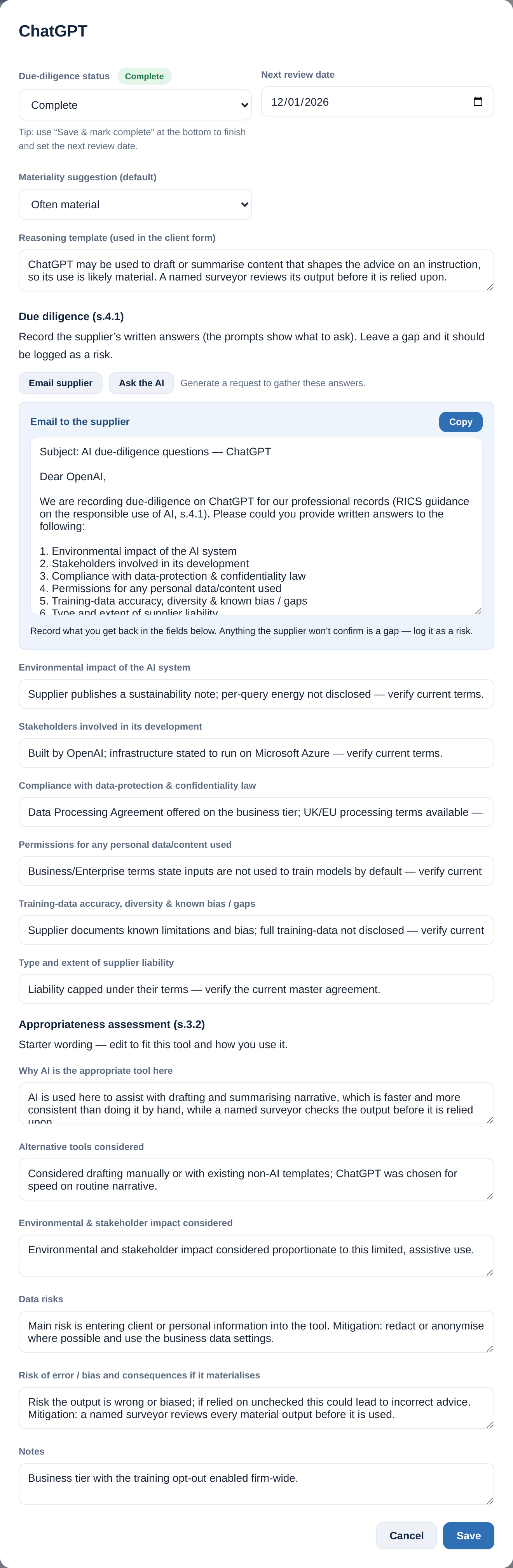 Generated request to gather due-diligence answers