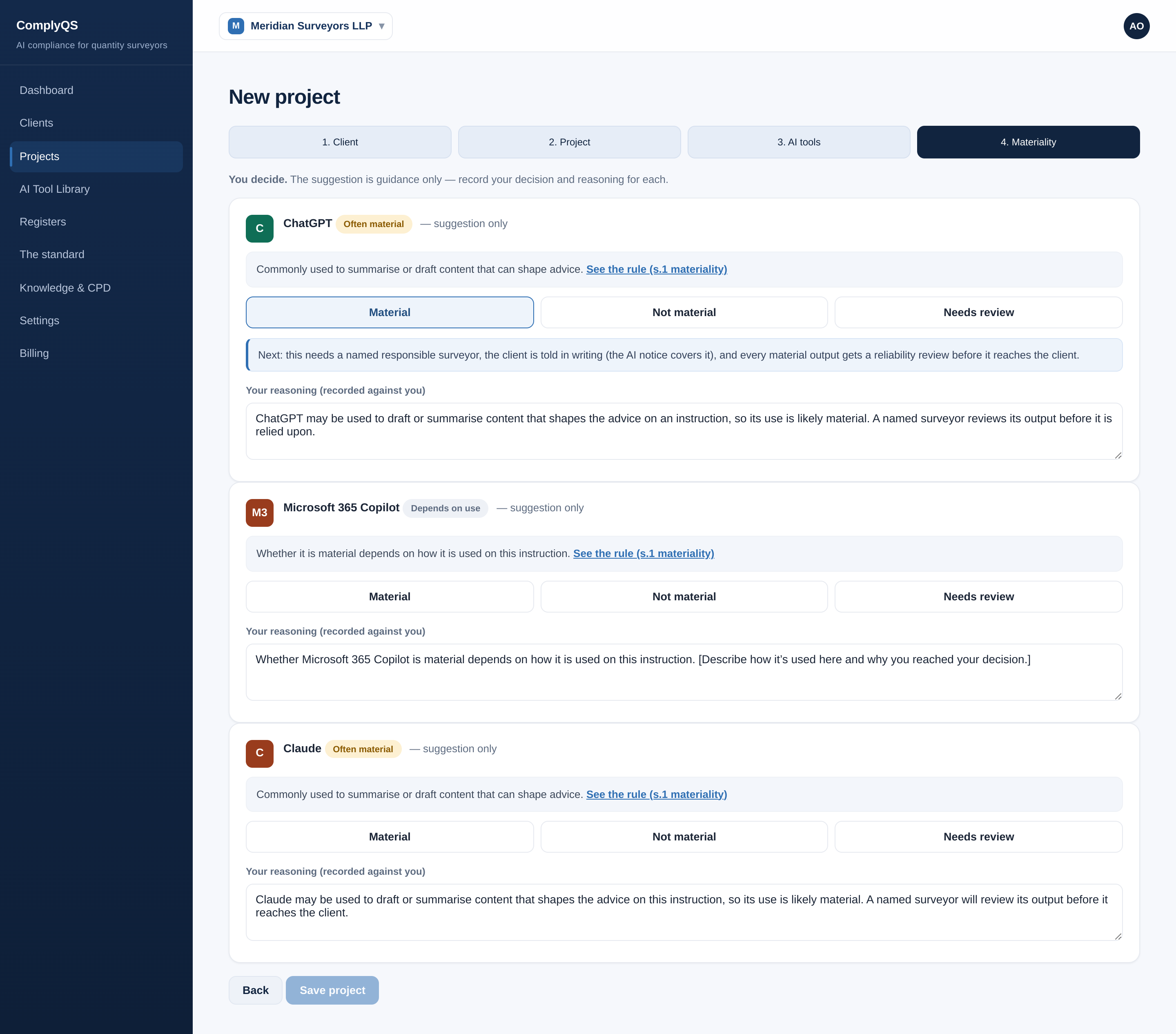 Materiality step with decision buttons and reasoning