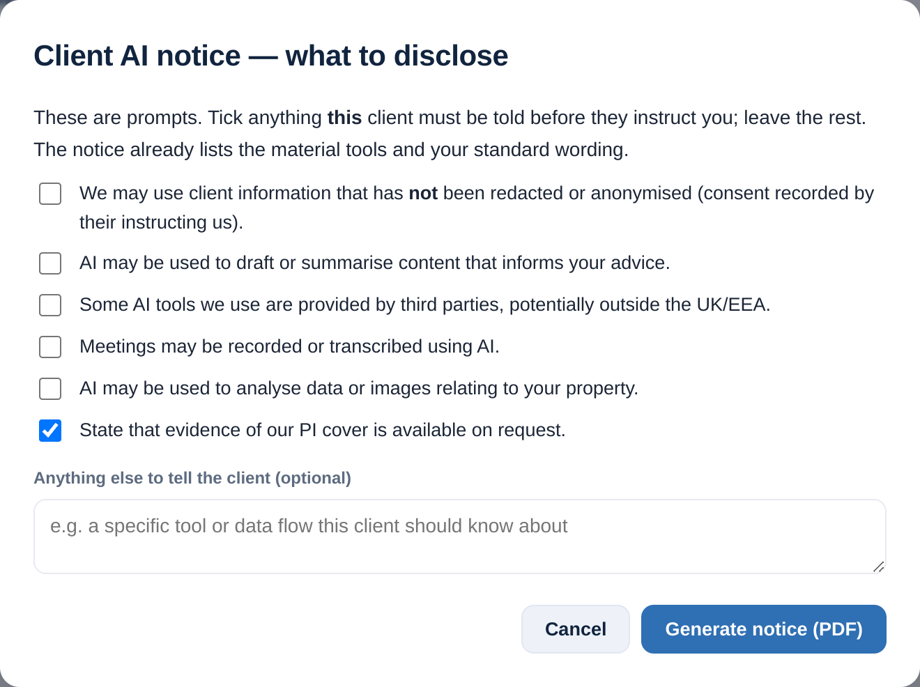 Client AI notice disclosure dialog