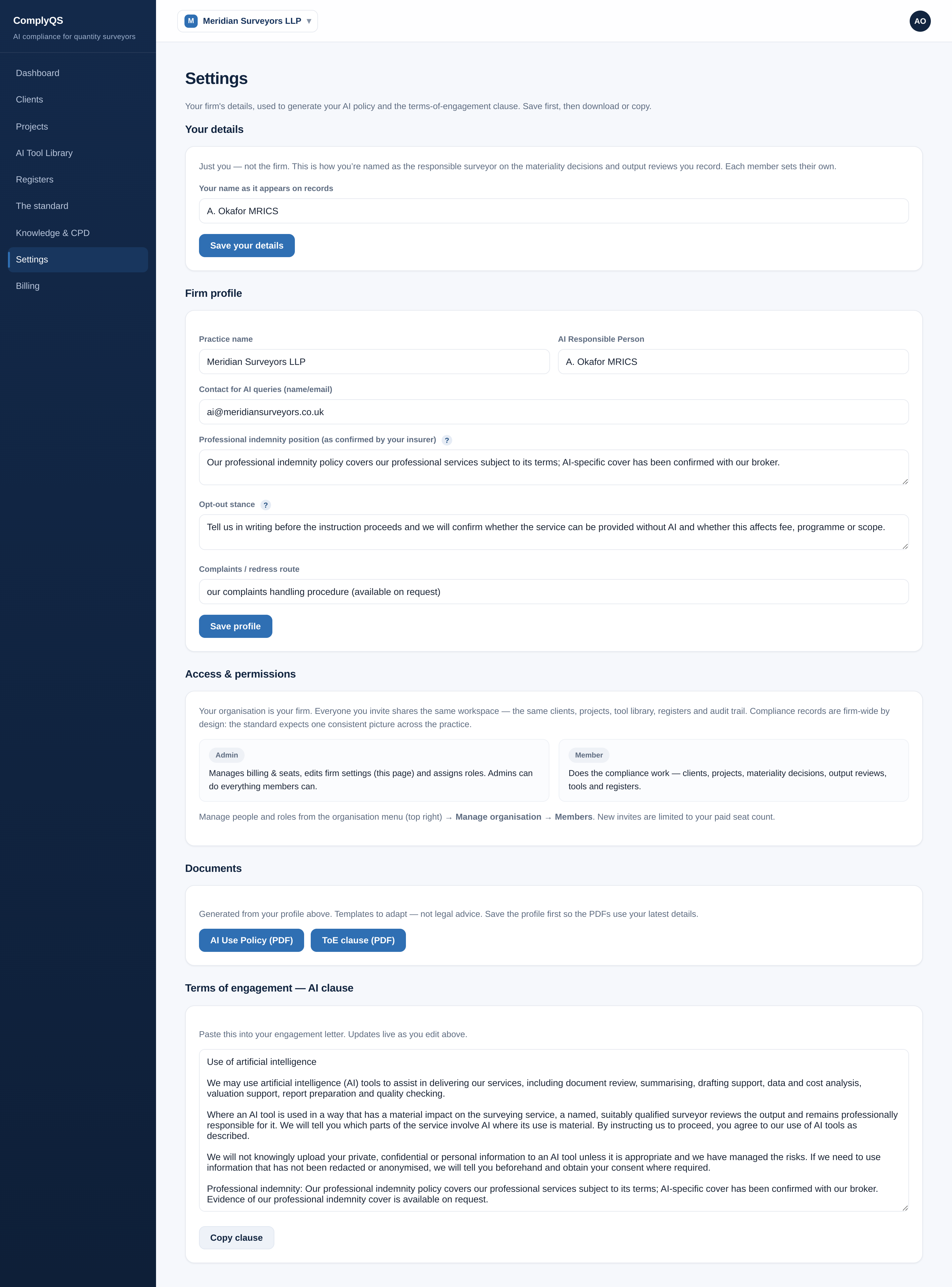 Settings page with firm profile and documents