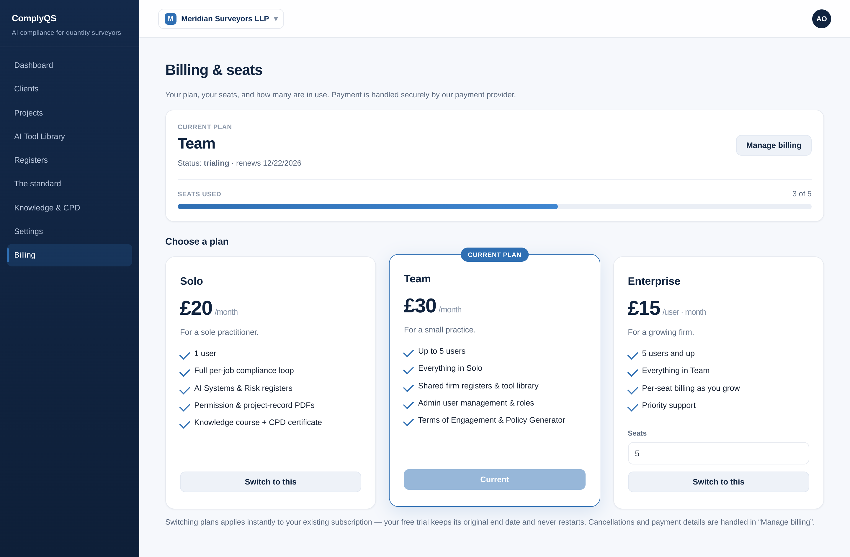 Billing and seats page